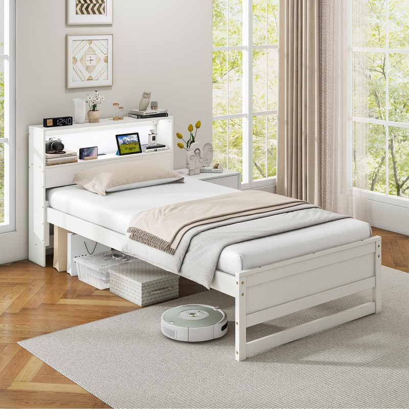 DORTALA Twin Bed Frame with LED Light & Charging Station,