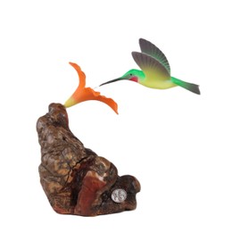 Hummingbird Sculpture w/Orange Flower by John Perry on Burl Wood 5in Wing Span. Signed