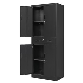 Wanfu Metal Storage Cabinet, 71" H x 28" W x 16" D Locking Storage Cabinet with Adjustable Shelves and One Drawer, Steel Storage Cabinet for Office, Garage, Home, School, Utility (Black)