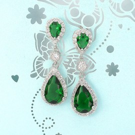 EleQueen 925 Sterling Silver Full Prong Cubic Zirconia Teardrop Bridal Dangle Earrings for Women Emerald Color, Valentine's Day/Mother's Day/Christmas Jewerly Gift for Wife/Mom