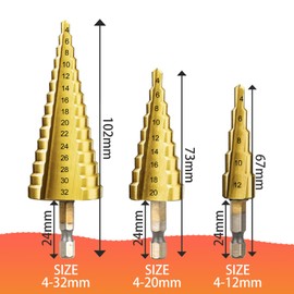 HSS Step Drill Bit Set 3-Piece - Stainless Steel Drill Spiral Groove Taper Drill Deburring Drill Metal Sizes 4-32 mm 4-20 mm 4-12 mm Suitable for Metal Wood Plastic (Gold)