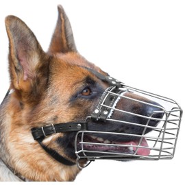 Dog Chrome Metal Muzzles Wire Basket Adjustable Leather Straps German Shepherd Reinforced (№2) Snout Circumference is 11.4-13.5 in, Length is 3.9-5.1 in. by PetriStor