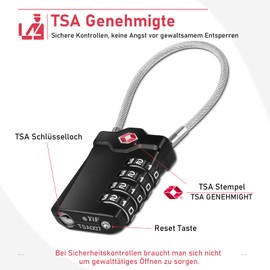 NAGE TSA Suitcase Lock, Lock with Combination Code, 4 Digit, Luggage Lock, Travel Lock, Cable Lock with White Numbers, Padlock for Tent, Luggage, School Lockers (2 Pieces, Black and Silver)
