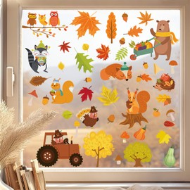 Fall Window Clings, 6 Sheets 75 Pcs Fall Maple Leaves Animals Window Decals Stickers Thanksgiving Clings Decor for Windows, Fall Harvest Home Party Windows Decorations