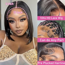 Bob Wigs Human Hair for Black Women 13x4 Ear to Ear Hd Transparent Lace Frontal Short Bob Wigs 180% Density Straight Brazilian Human Hair Wig Pre Plucked with Baby Hair Natural Color 10 Inch