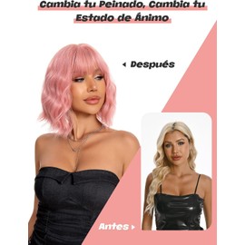 Pelucas para Mujer de Pelo Corto ondulado con Flequillo(12’’/30cm, Rosa) Peluca al Hombro Rizada y Ondulada, Peluca Bob de Pelo Sintético para Mujer para Cospla, Fiestas, Halloween