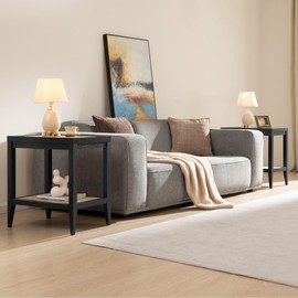 SICOTAS Rattan Nightstands Set of 2 - Boho Shelf Bedside Tables Narrow End Table Living Room Set of 2 Side Table with Rattan Storage Shelves for Small Space - Black Oak