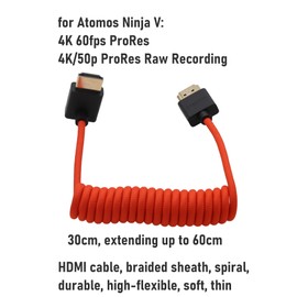HangTon HDMI 8K 4K ProRes Flexible Red Braided Coiled Cable for ATOMOS Ninja V Shinobi Monitor, Camera Sony FX3 A7Siii, Canon Lumix Nikon, BMPCC6K, FEELWORLD Portkeys SmallHD