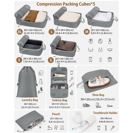 Compression Packing Cubes 10 Sets, Packing Organizers, Extensible Suitcase Organiser Bags, Travel Organizer Cubes for Travel Essentials Grey