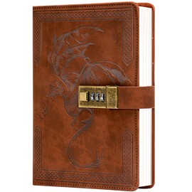 CAGIE Vintage Journal with Lock A5 Refillable Lock Diary, Leather Dragon Journal for Men Women Locking Journals for Writing, Dragon Theme Paper, 6 x 8.5 Inch, Brown