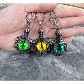 Devil Eye Demon Skull Pendant Gothic Skull Green Evil Eye Necklace for Men Punk Skull Eye of Hell Necklace Devil Skull Dragon Eye Jewelry Skull Evil Eye Necklace, Stainless Steel