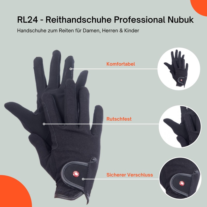 HKM by Reiterladen24 Professional Riding Gloves, Nubuck Imitation Leather, black,