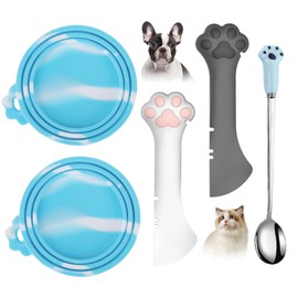 Comtim 5 PCS Pet Food Can Lids & Spoons Set - Silicone Dog Cat Food Can Covers Lids Top/Multi-Function Cat Food Spoon Spatula Can Opener for Wet Food/Long Handle Spoon Easy to Scoop Food