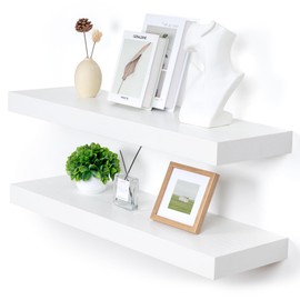 FLYJOE Deep Floating Shelves, 12'' Deep Rustic Large Floating Shelves Set of 2, White Shelves for Wall 36 Inches Long, Wood Shelves for Living Room Laundry Room Bedroom Kitchen Home Office - White