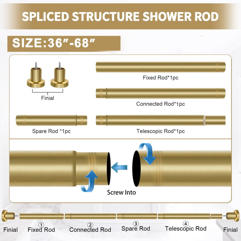 ZYRW Shower Curtain Rod 36-68 Inches (3-5.6ft) Non Rust Adjustable