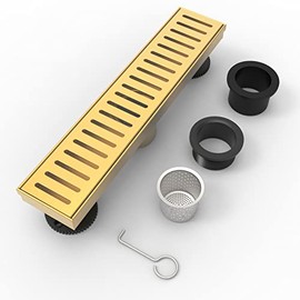 WEBANG 12 Inch Shower Linear Gold Drain Rectangular Floor Drain with Accessories Capsule Pattern Cover Grate Removable SUS304 Stainless Steel CUPC Certified Brushed Gold Brass