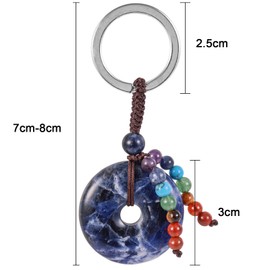 TUMBEELLUWA 2pcs Crystal Stone Lucky Coin Couple Keyrings 7 Chakra Beads Peace Buckle Keychains, Sodalite
