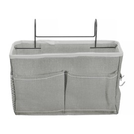 TopHomer Bedside Storage Hanging Bag, Canvas and Wrought Iron Hook, Hanging Bag Holder with Pockets and 2 Hooks, for Bedroom, Bed Curtain, Top Bunk Bed Shelf Accessories (Grey)