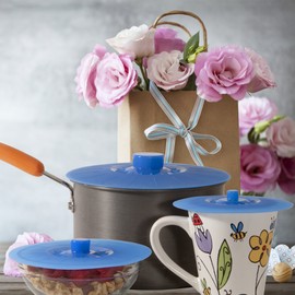 Silicone Lids Extra Large Blue Set of 6 Sturdy Suction Seal Covers. Universal fit for Pots, Fry Pans, Cups and Bowls 5" to 12". Natural grip handles that interlock for easy use and storage. Food Safe.