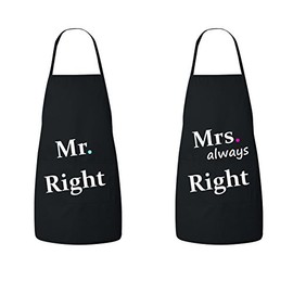 FASCIINO® Set of Hubby Wifey Mr. Right/Mrs. Always Right His and Hers Chef Couples Apron Valentines Wedding Bridal Gift 2pcs (Black)