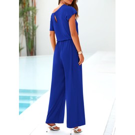 KIRUNDO Womens Casual Jumpsuit Plus Size Off Shoulder Short Sleeve Wide Leg One Piece Long Pant Rompers Jumpers for Women Trendy Outfits(Blue, XX-Large)