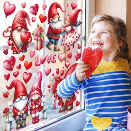 FYSUIMU 6 Sheet Valentine's Day Window Clings Watercolor Love Heart Gnome Reusable Window Decals for Home Classroom Office Window Decor