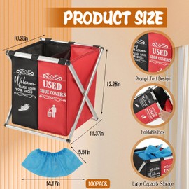 Foldable Shoe Cover Box Dispenser with 100PCS Shoe Covers, Shoe Covers Box with Double Compartment Fabric Storage Bin Holder for Indoors Open House Supplies, House Indoor Guest Supplies