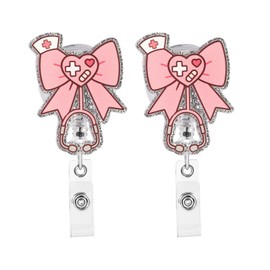 2pcs Rose Bow Badge Reel, Retractable Cute Pink Nurse Nursing Badge Holders Acrylic Bow Name Reel Clip Work ID Accessories for Hospital Doctors Nurses Assistants Healthcare Medical Workers