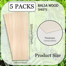 Balsa Wood Sheets for Crafts and DIY Projects, 12 x 4 x 1/16 Inches Unfinished Pack of 5 (12 x 4 x 1/16 Inch(5 Pack))