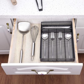 WuGeShop Silverware Drawer Organizer Black, Kitchen Drawer Organizer Metal Mesh Utensil Tray Non-Slip Cutlery Tray, 5 Compartments