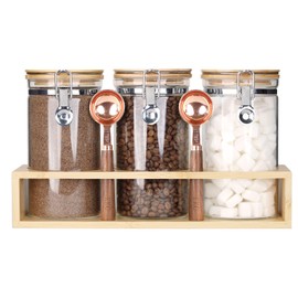 MR.BLACAT KKC Airtight Borosilicate Glass Coffee Beans, Loose Leaf Tea & Sugar Containers with Bamboo Lids & Scoops,Rack, Labels - Cocoa,Matcha, Kitchen Pantry Organization - 40 Fl.Oz