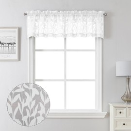 Lecloud Leia Texture White Curtains Sheer Valance 14 Inch Long 2 PCS, Dual Rod Pockets Window Small Curtain Kitchen/Bedroom/Living Room, Light Filtering Clip Jacquard Leaf Curtains Valance, 38W x 14L