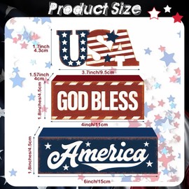 Huquary 3 Pcs Farmhouse 4th of July Patriotic Table Sign Independence Day Table Wood Decorations Patriotic Themed Rustic Farmhouse Wood Block Sign for Party Home Desk