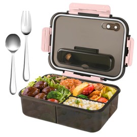 HEEDU Fiambrera, Caja de Almueo con 3 Compartimentos 1500ml, Viene con Tenedor y Cuchara de Acero Inoxidable, Portátil Sellada Crisper Caja de Almuerzo, Adecuado para Exterior, Camping, Trabajo, etc (Rosado)