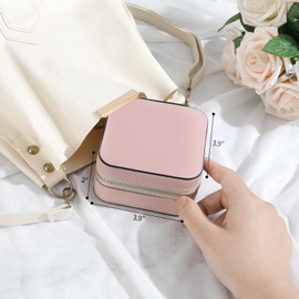 NGVRC Genuine Leather Travel Jewelry Case Organizer with Mirror for Women, Small Jewelry Box Portable Mini Jewelry Case for Earring, Ring, Necklace, Bracelet(Pink)