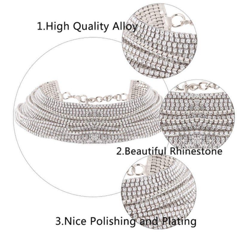 (Silver) - YERTTER Multi Layered Chain Rhinestone Choker Fully Diamond