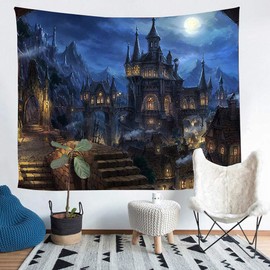 Simsant Old Castle Tapestry Werewolf Night Ancient City Tapestry Wall Hanging for Bedroom Living Room Dorm SIZY0678 80"x60"(203x152cm)