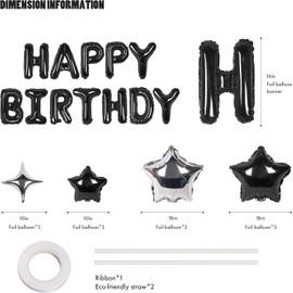 Lumjoy Happy Birthday Banner Set 13pcs 16 Inch Black Foil Letter Balloons with 12 Star Balloons for Kids & Adults Party Decorations