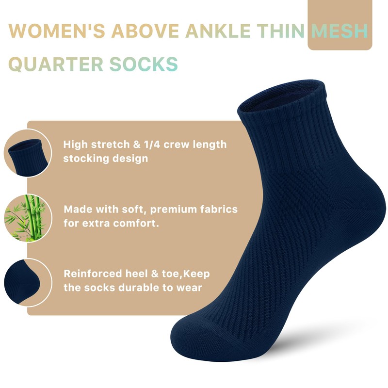 SERISIMPLE Women's Bamboo Viscose Above Ankle Thin Socks Quarter Mesh