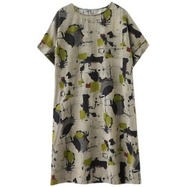 LUZU JUNU Women's Summer Baggy Plus Size Loose Cotton Linen Long Boho Beach Dress with Pockets (US,Alpha,One Size,Regular,Regular,C025-568 Floral)