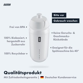 AARON ECO Drinking Bottle Made of Sustainable Sugarcane, 500 ml, Lightweight and Leak-Proof, Practical BPA-Free Water Bottle for Sports, Fitness, Hiking, Outdoor in White