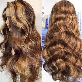 FASCARA Highlight Ombre 13x4 Body Wave Human Hair Wigs for Women Lace Front Wig HD Transparent Lace Frontal Wigs 4/27 Color Honey Blonde Glueless Wigs Human Hair Pre Plucked with Baby Hair 30 Inch