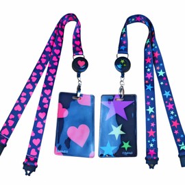 2 x Retractable Reel Breakaway Lanyards Neck Straps with Unique Waterproof Zip Lock Card Holders for Badge, Pass, ID Card B (Hearts + Stars)