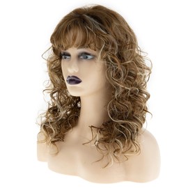 Wiwige Long Curly Brown Mixed Blonde Wig with Bangs Natural Looking Brown Wavy Wigs with Highlights Heat Resistant Synthetic Hair for Women