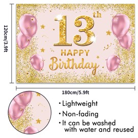 PAKBOOM Happy 13th Birthday Backdrop Banner - 13 Birthday Party Decorations Supplies for Girls - Gold Pink 3.9 x 5.9ft
