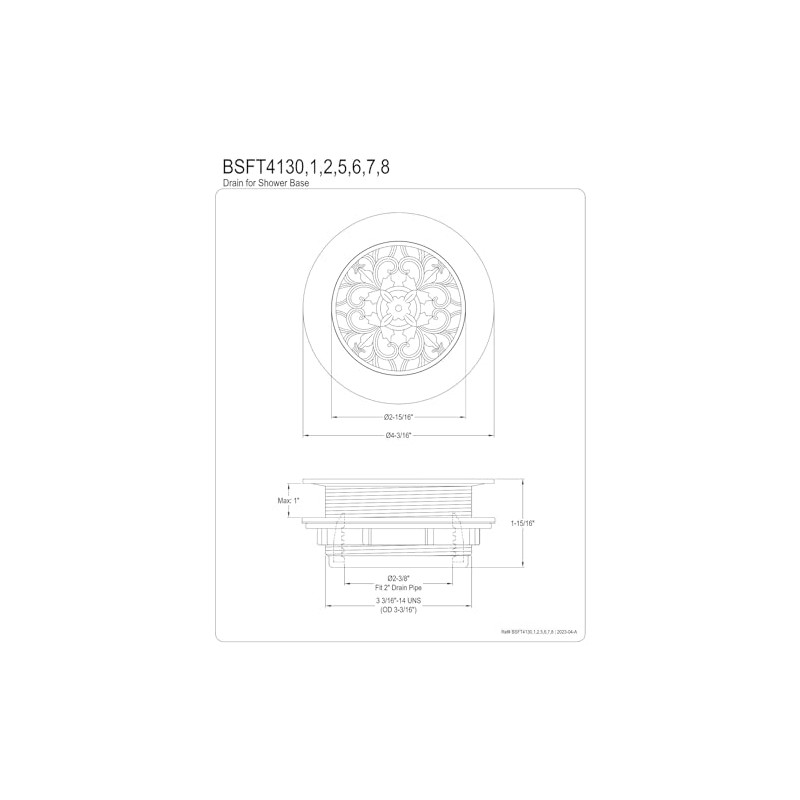 Kingston Brass BSFT4131 Watercourse 4-1/4" Round Brass Shower Base Drain,