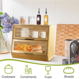 Thick&Thin Bread Box for Kitchen Countertop, Wooden Bread Storage For Kitchen Organizers, Large Capacity With Window Homemade Bread Bin, Double Layer Corner Bread Box