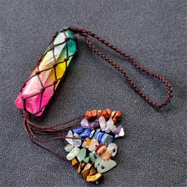 WANGCL 7 Chakra Healing Crystal Stone Hanging Ornament, Rainbow Titanium Coated Irregular Rock Crystal for Car Home Decoration, Reiki Yoga Meditation