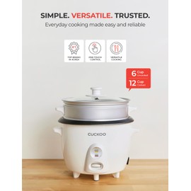 CUCKOO One Touch Rice Cooker 12-Cup Cooked, Small Rice Cooker & Warmer with Steamer Tray, Versatile Grain Cooker, Soup Maker, Auto Keep Warm, 6-Cup Uncooked, White (CR-0601C)