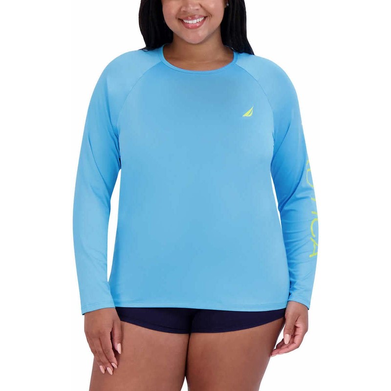 Nautica Women's Long Sleeve Rashguard Swim Top UPF 30+, lightblue,